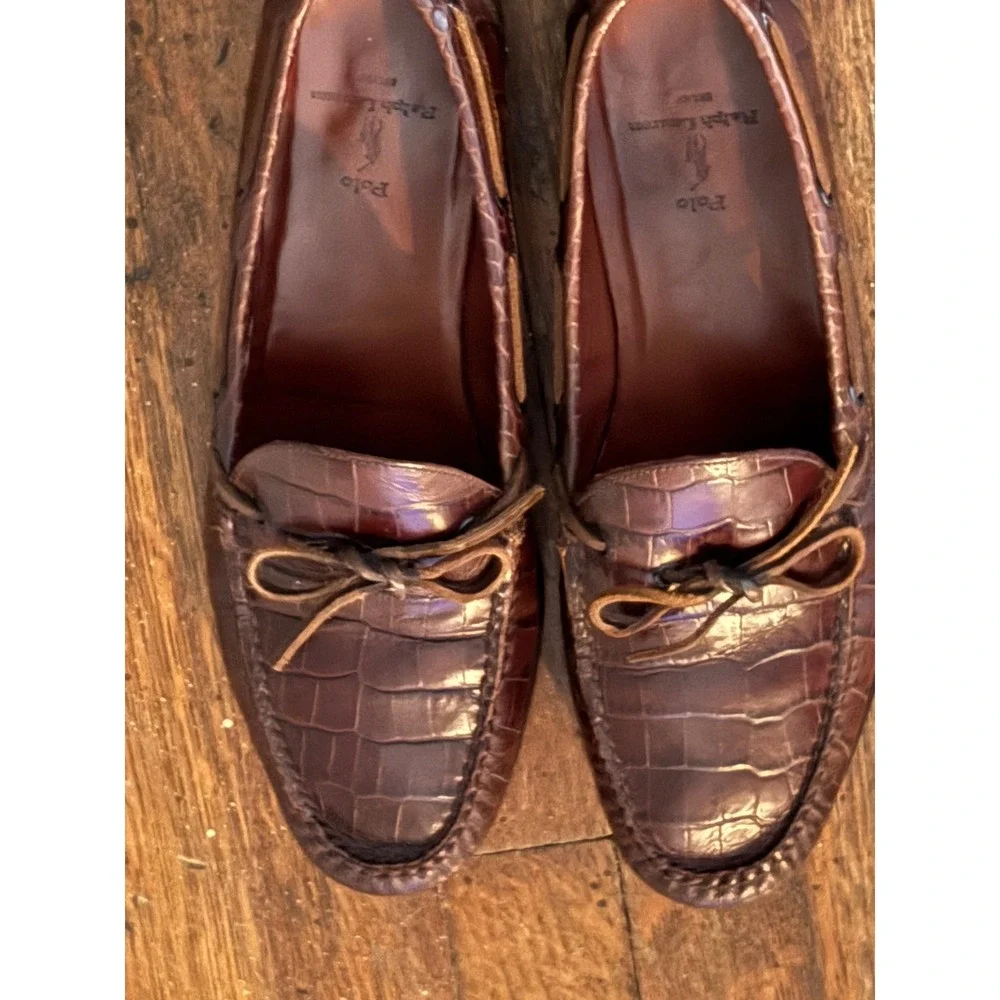 Polo Ralph Lauren Loafers 11D Mens Brown Crocodile Embossed Boat Shoe Vintage‎